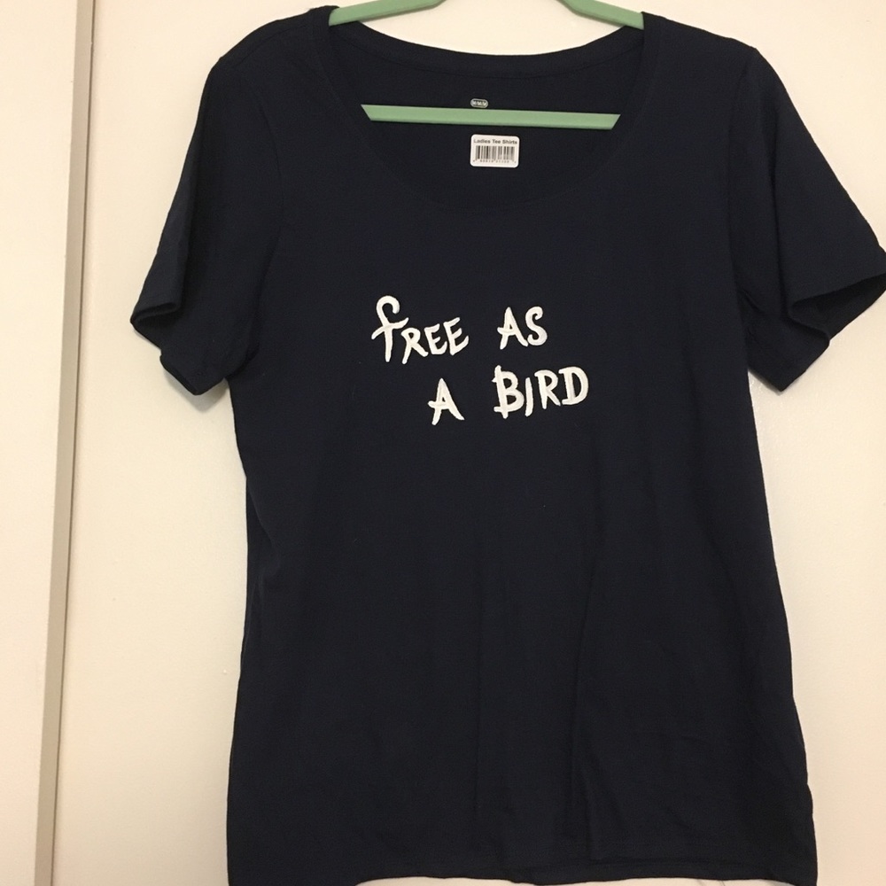 Cute Navy blue “Free as a Bird” scoop neck tee